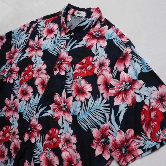 Vatpave Mens XXXL Hawaiian Shirt Black Hibiscus Floral Aloha Short Sleeve - Picture 5 of 10